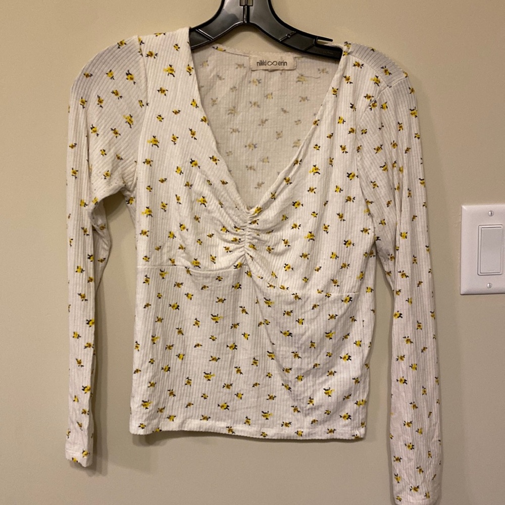 Nikki Erin long sleeve white V neck tee with flowers